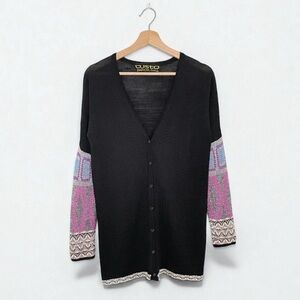 Custo Barcelona Y2K Wool Blend Contrast Sleeve Deep V Cardigan Sweater Black S